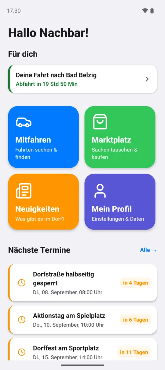 Der Dorfplatz in der App: vier große Kacheln für Mitfahren, Marktplatz, Neuigkeiten und Profil, darunter die nächsten Termine.