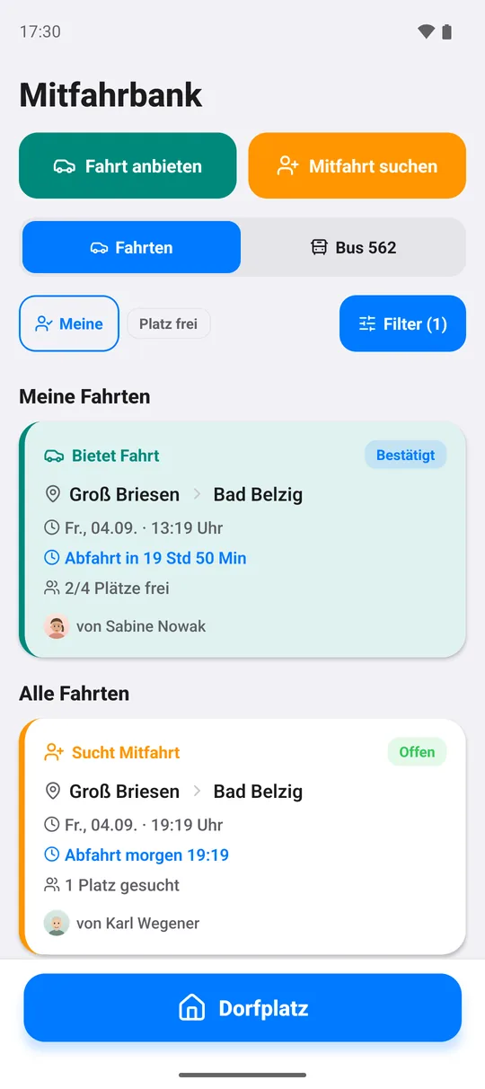 Mitfahrbank: eine bestätigte Fahrt nach Bad Belzig und ein offenes Gesuch.