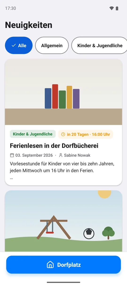 Neuigkeiten: Beiträge mit Themen-Filter und Terminhinweis.