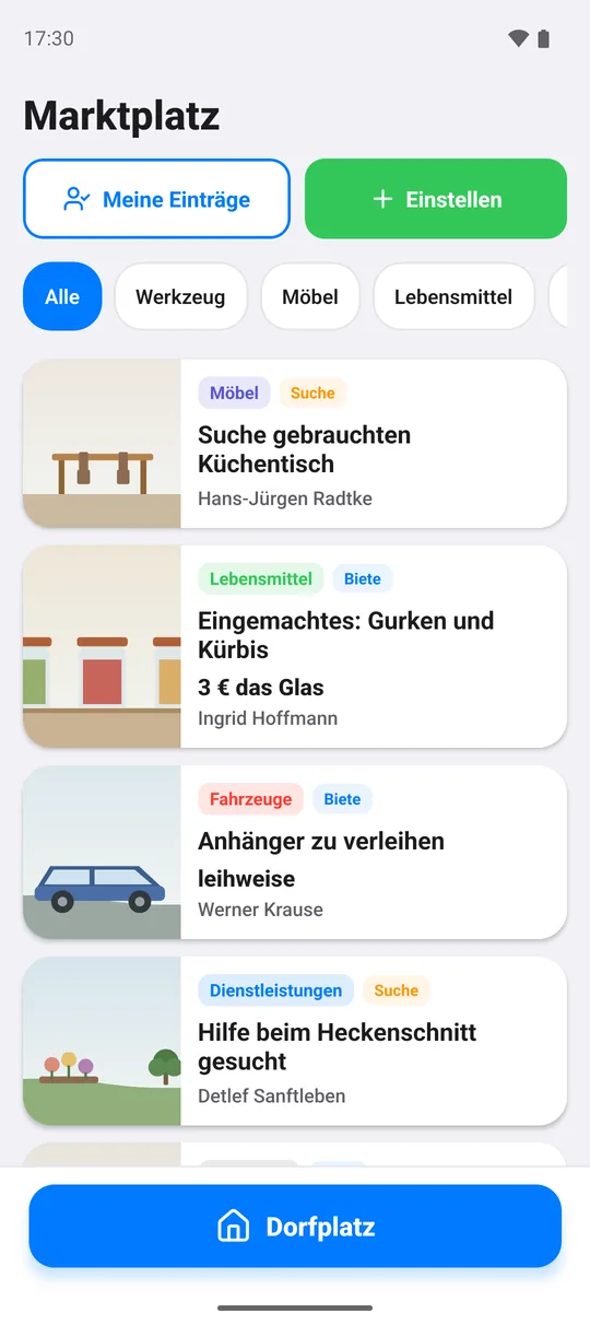 Marktplatz: Anzeigen mit Kategorie, Biete oder Suche und Preis.