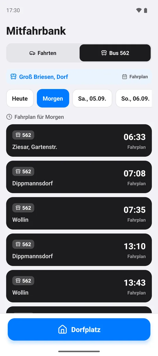 Bus 562: Fahrplan mit Reitern für die nächsten Tage.