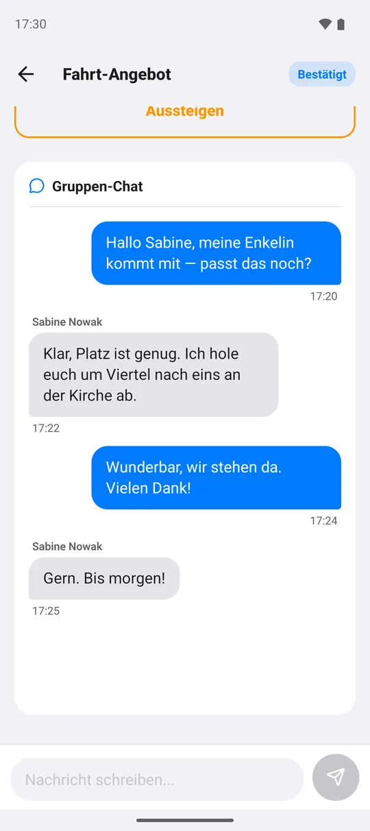 Gruppen-Chat innerhalb einer Fahrt: zwei Personen sprechen die Abholung ab.