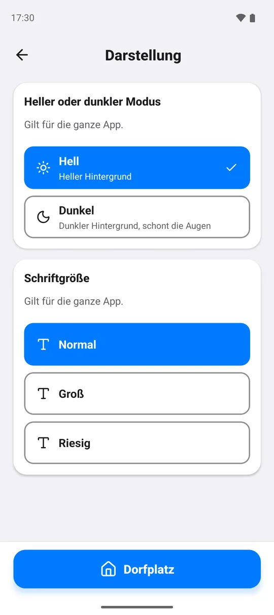Darstellung: Auswahl zwischen hell und dunkel sowie drei Schriftgrößen.